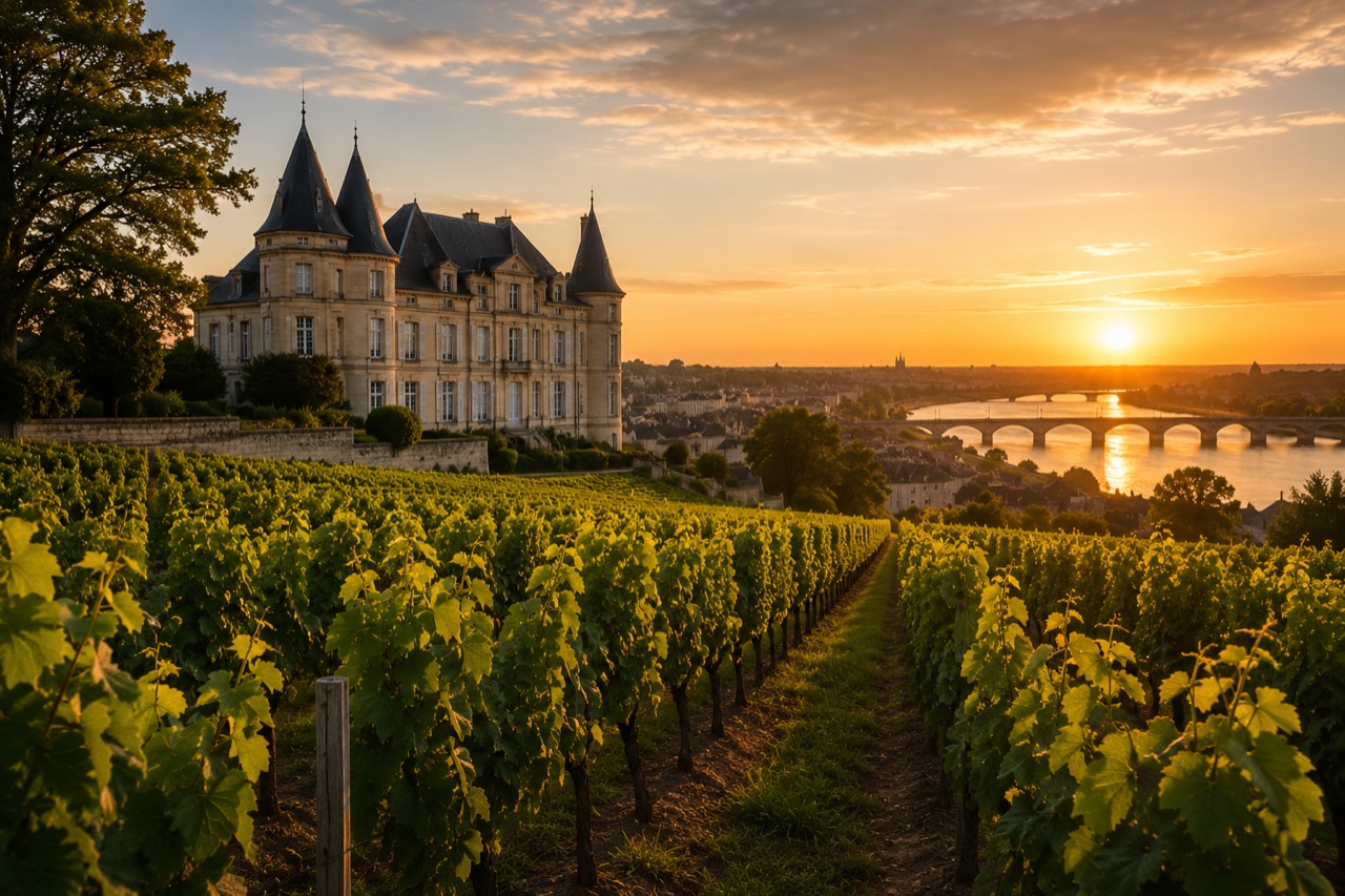 Weinlandschaft mit Château und Fluss im Abendlicht