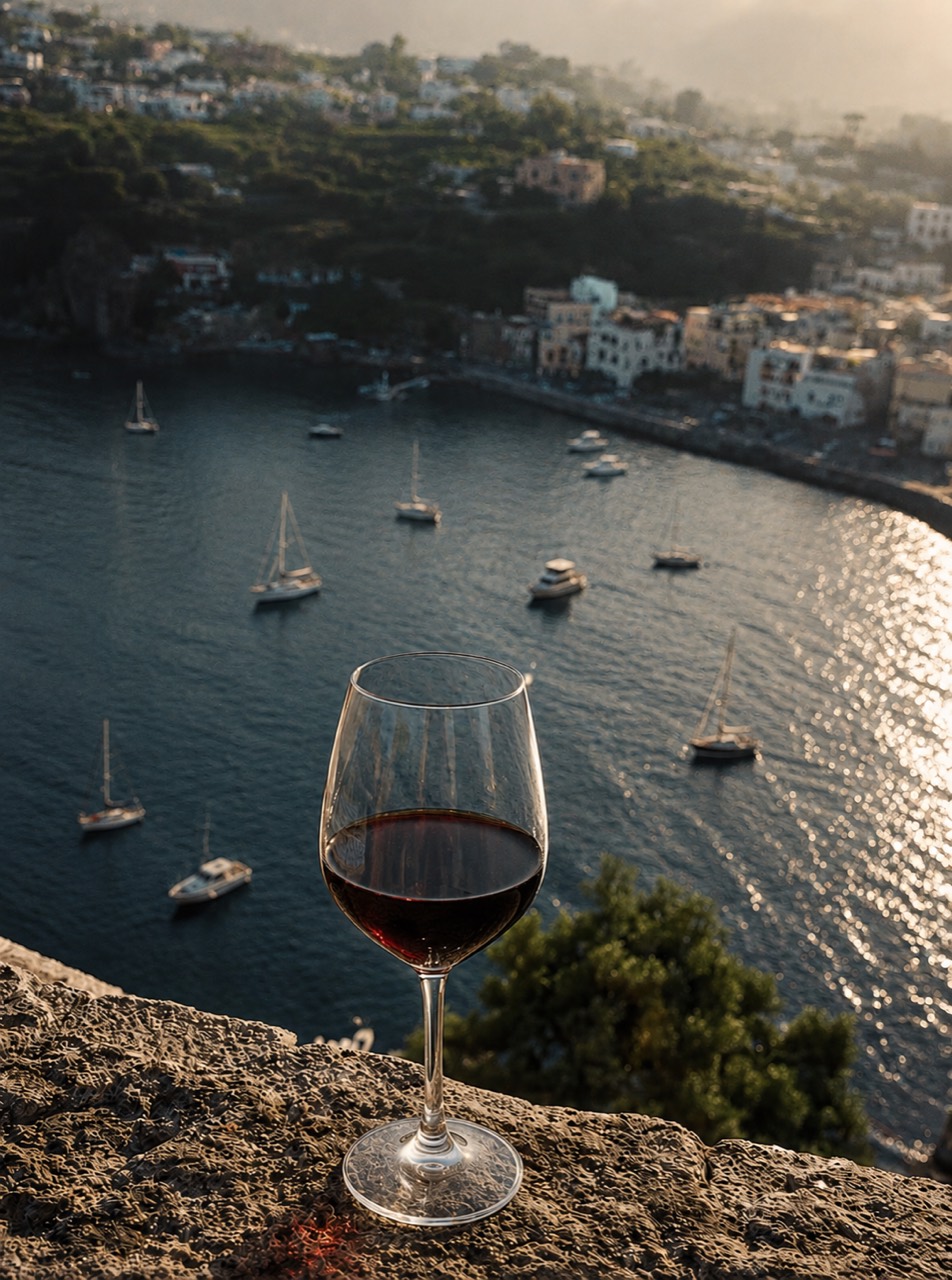 Rotwein im Abendlicht vor der italienischen Küste